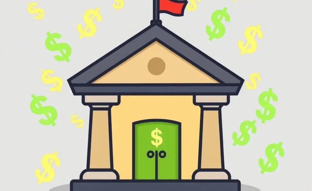 Bank surrounded by dollar signs, illustrating managing debts and assets