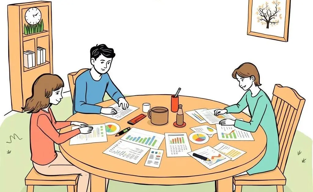 Family planning budget at dining table.