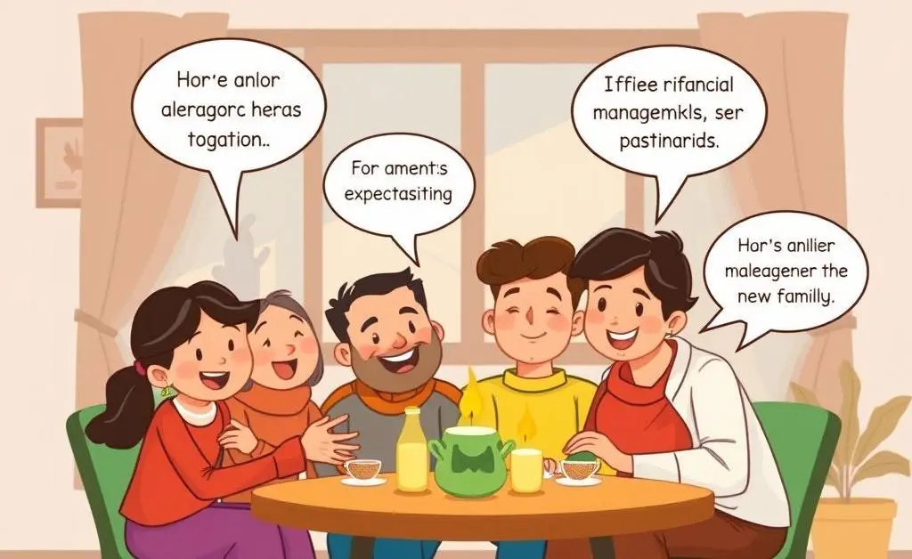 Family gathering discussing financial expectations