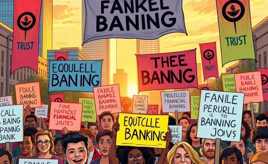 Illustration showing people advocating for fair banking practices with protest signs.
