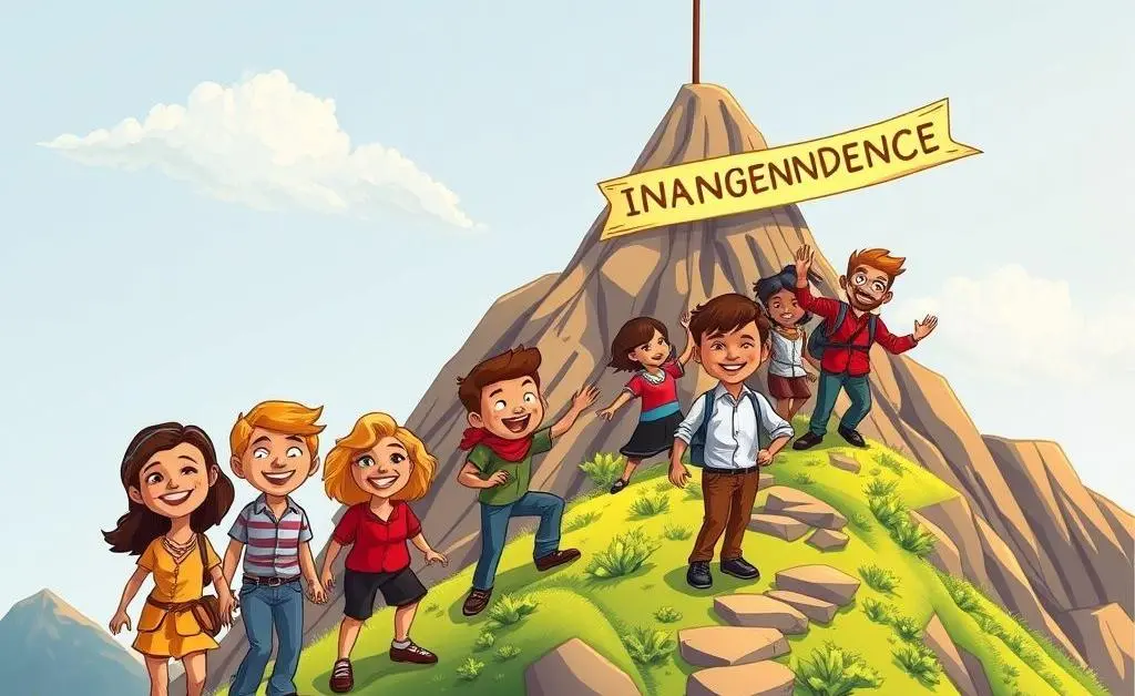 A diverse group of people climbing a mountain labeled 'Financial Independence'.