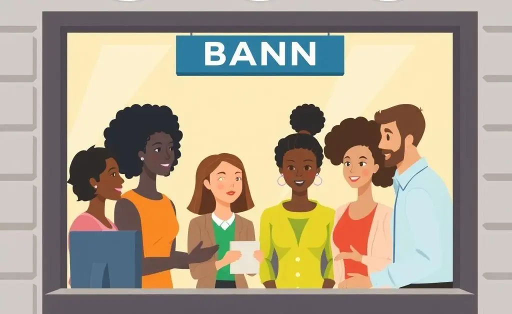 Illustration of diverse bank customers at a teller's window, showcasing fair lending practices
