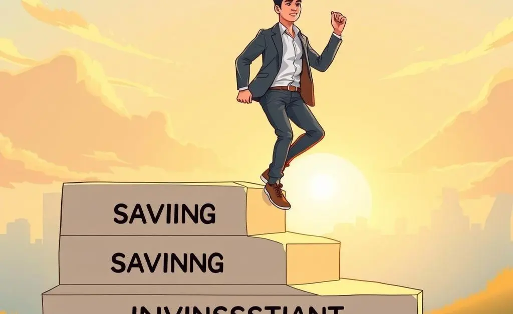Person climbing steps labeled 'saving', 'investment', 'growth'