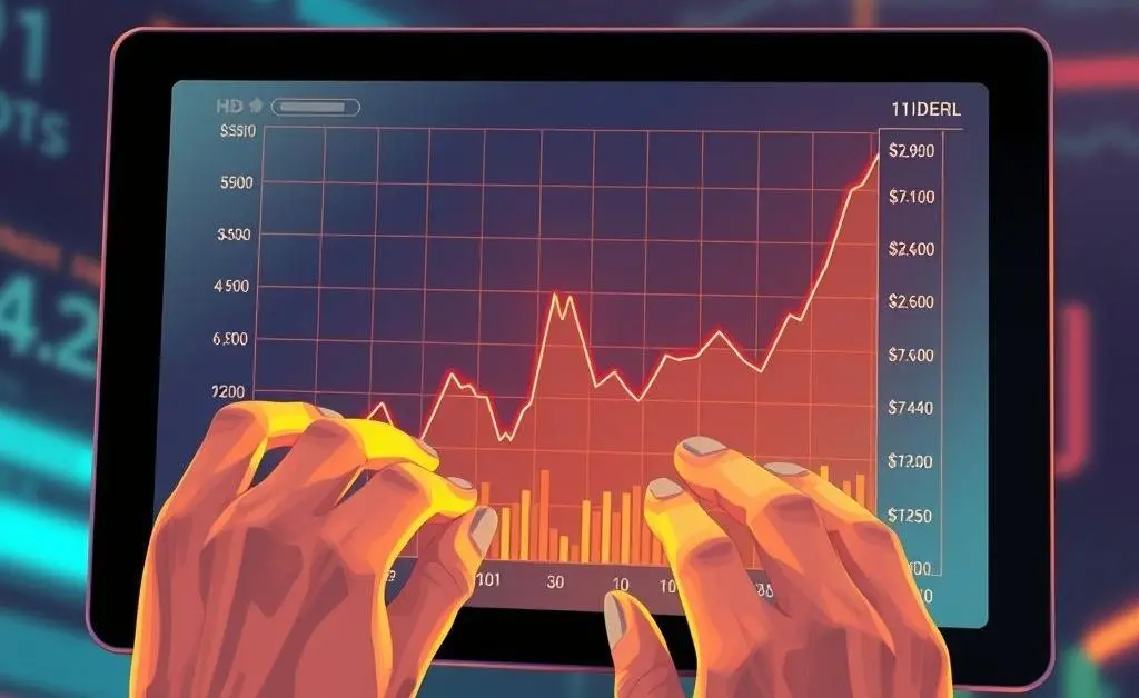 Person holding tablet showing fluctuating stock prices