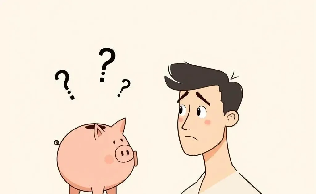 Person puzzled by piggy bank with question marks