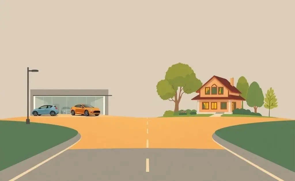 Minimalist image of a forked road leading to a car dealer and a dream house.