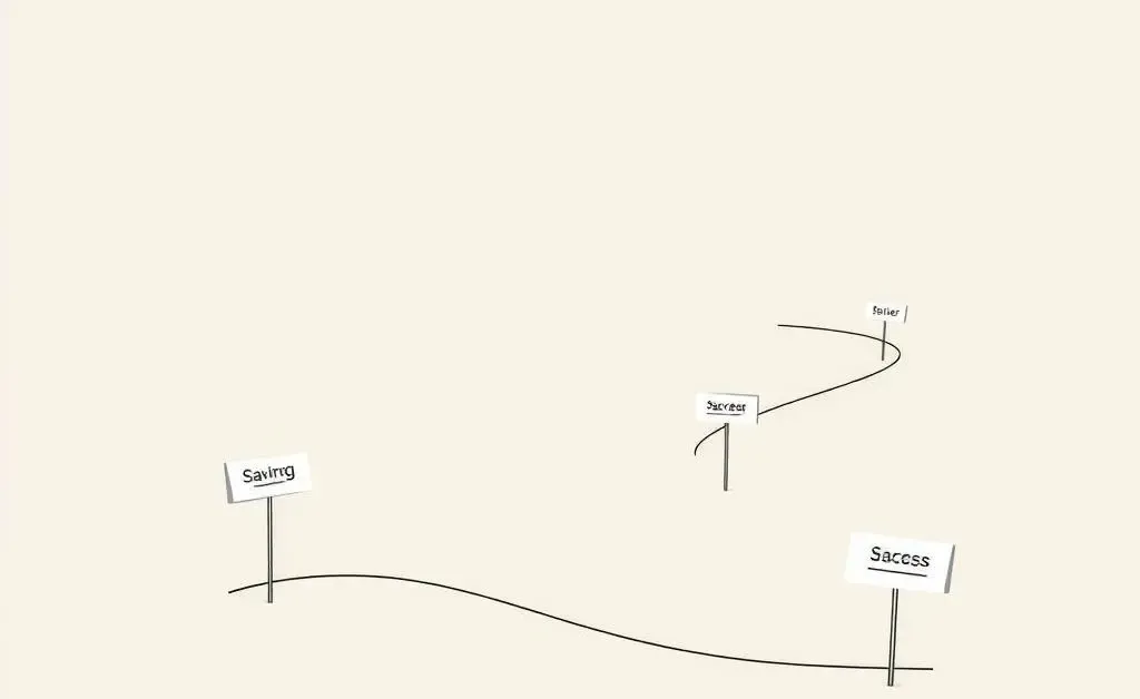 Minimalist illustration of a roadmap leading to a goal with signs of key financial milestones