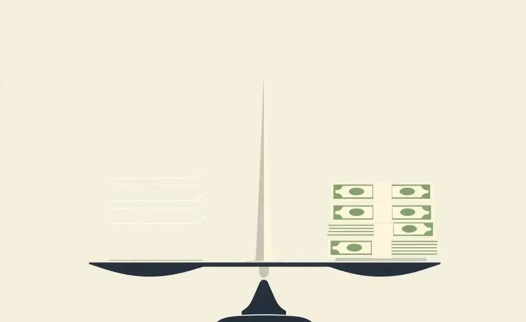 Scale balancing work hours on one side and a stack of dollar bills on the other