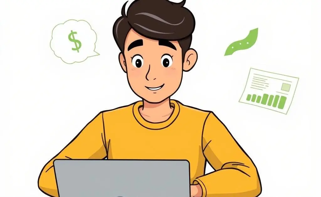 Cartoon-style depiction of a person planning their financial future with a laptop