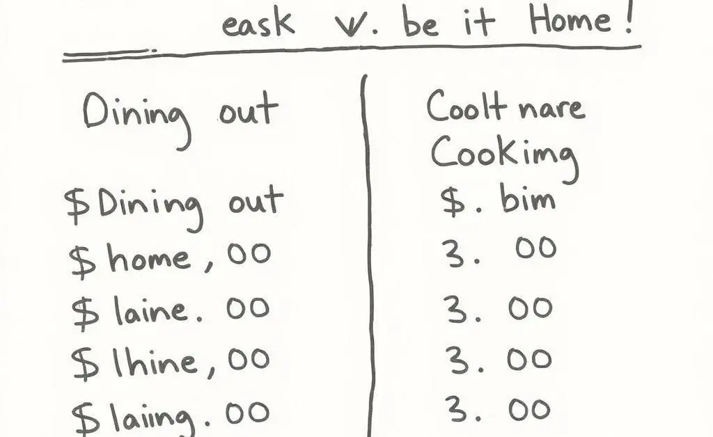 A simplistic, hand-drawn chart comparing the cost of dining out versus cooking at home over 30 days.
