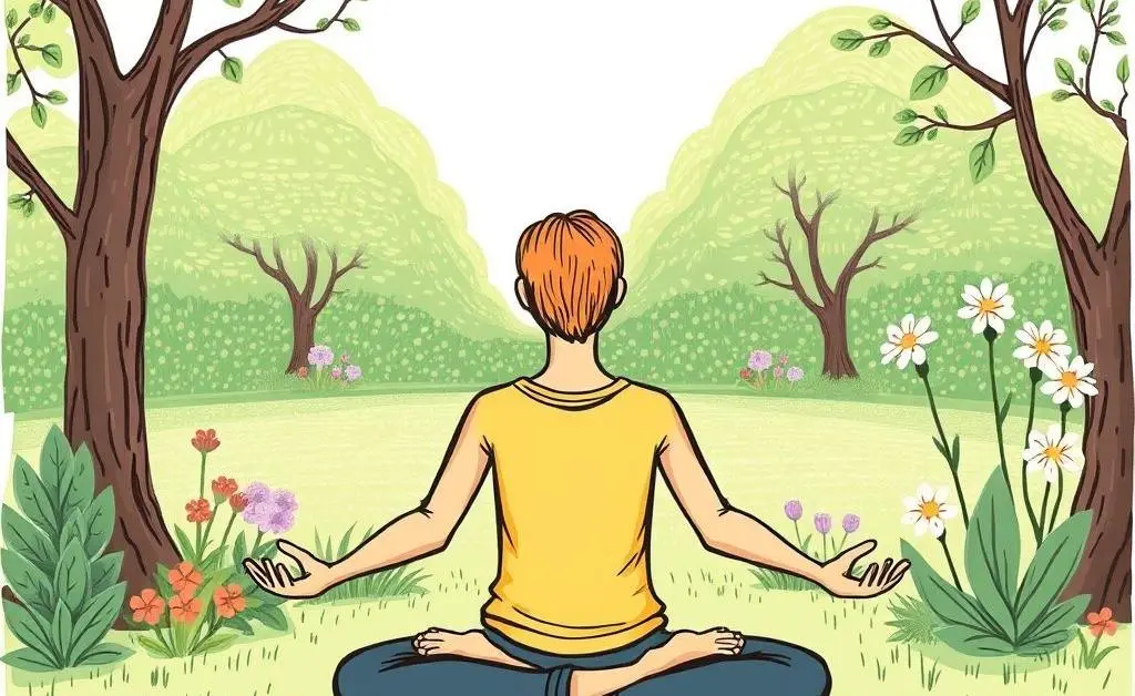 A hand-drawn style image of a person meditating in a tranquil garden setting