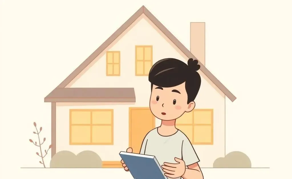 Person using a calculator with a house in the background.