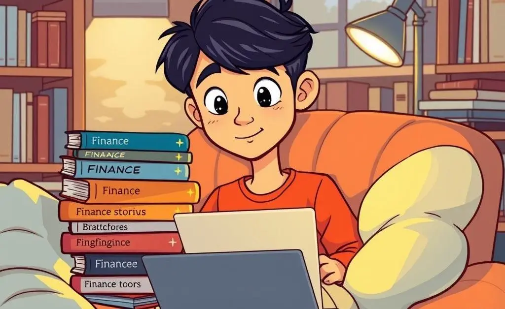 A cartoon-style image of a student studying in a cozy setup with finance books and a laptop
