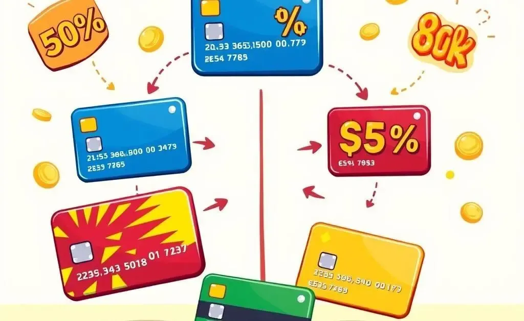 A cartoon-style chart comparing cashback rewards from different credit cards.