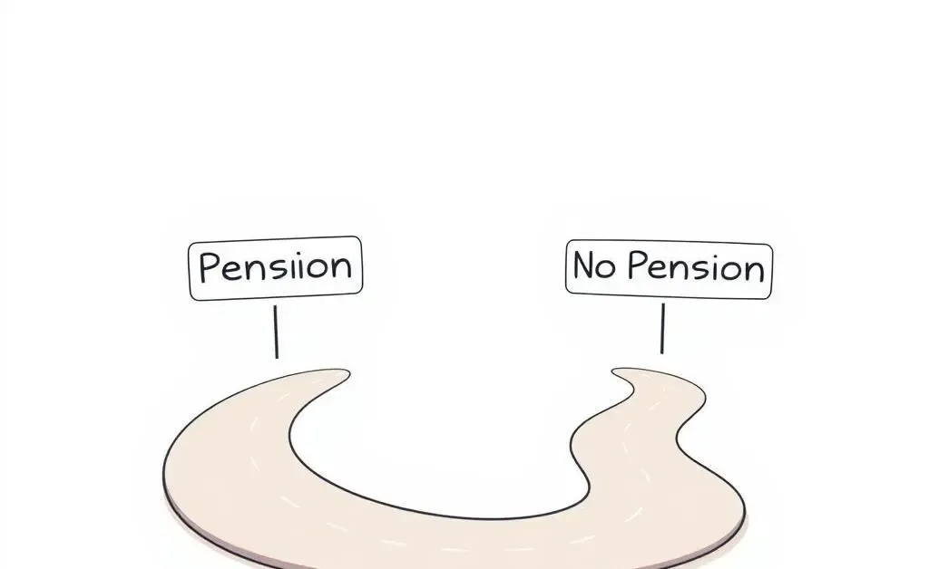 Minimalist cartoon showing two paths labeled 'Pension' and 'No Pension' diverging.