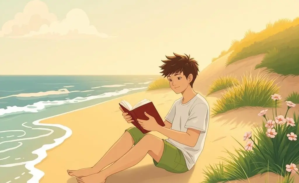 Warm illustration of a person on a beach, reading a book, and surrounded by nature.