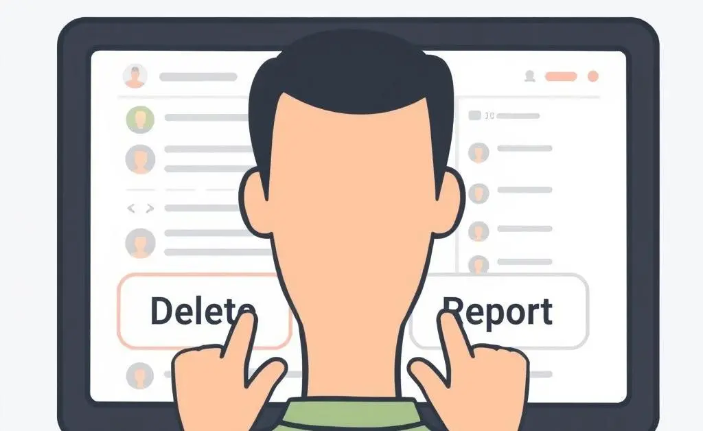 Illustration of a person choosing between delete and report options in an online forum interface.