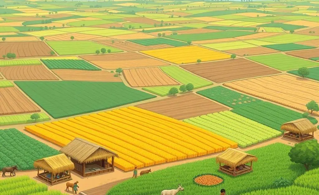 Cartoon-style depiction of Indian agriculture