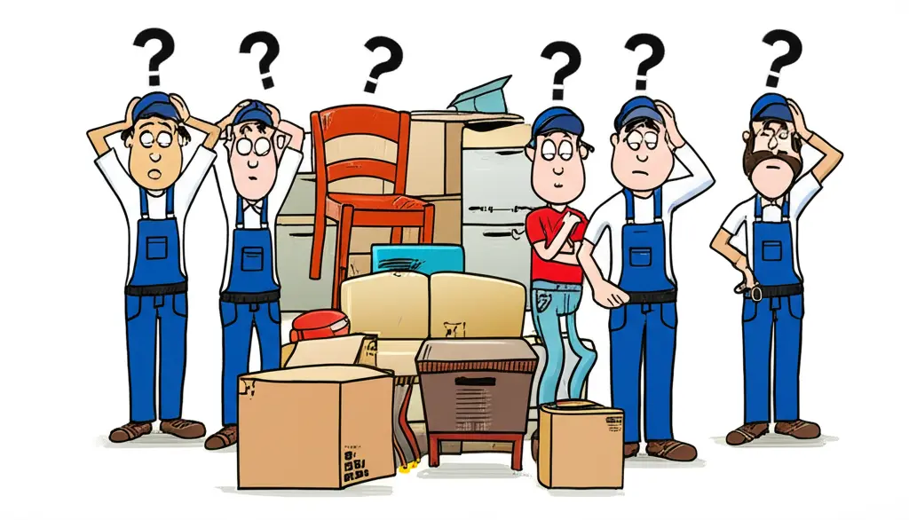 Cartoon of a moving mishap with confused movers