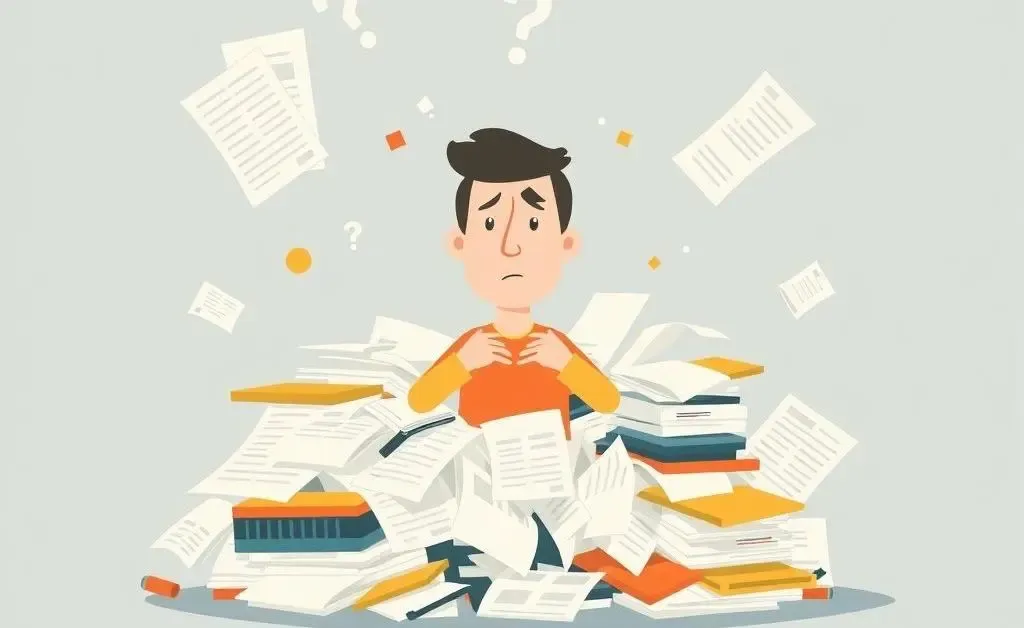 A minimalist illustration of a person puzzled by a pile of paper and digital documents, symbolizing data management challenges.