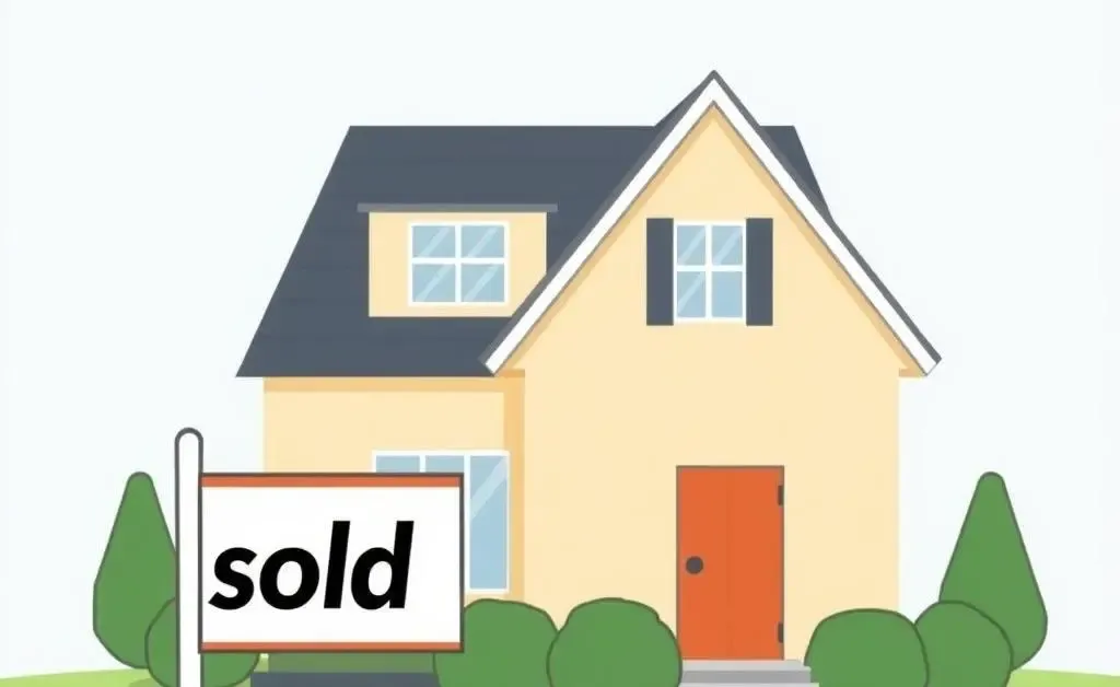 Minimalist cartoon of a house with 'sold' sign