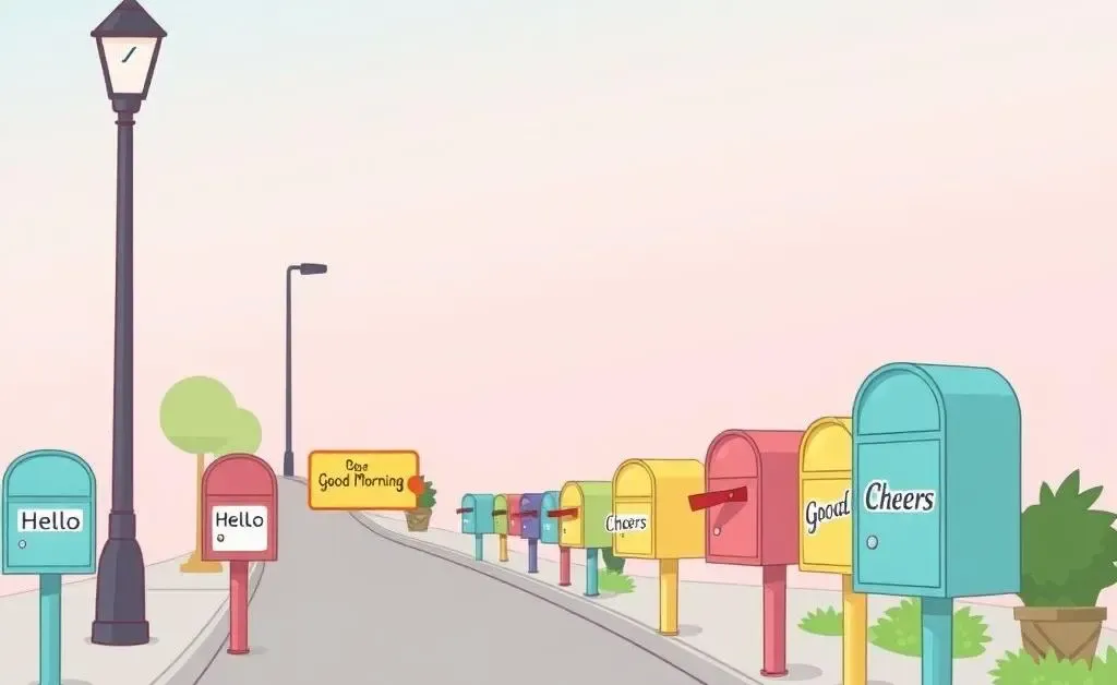 Cartoon showing mailboxes on a street with friendly and humorous notes