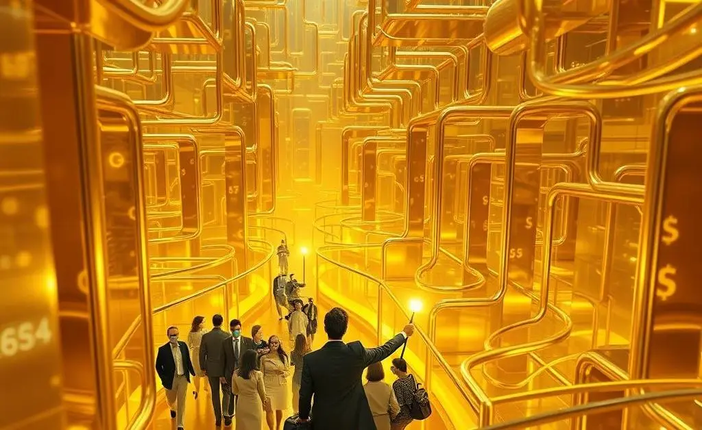 Concept of a financial labyrinth with a helpful guide pointing the way
