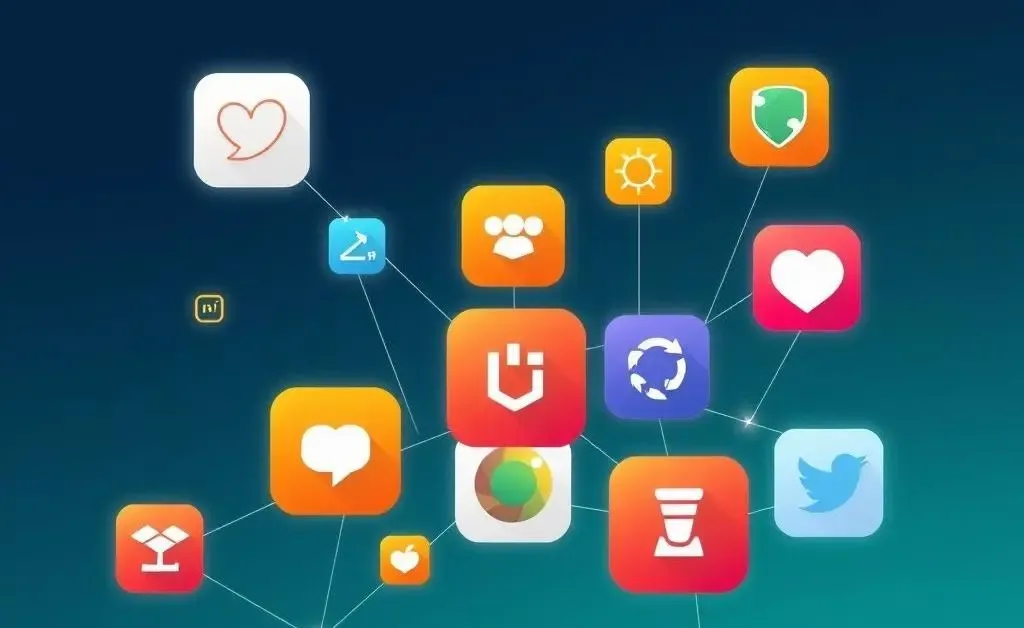 Image of app icons connected by lines as a network