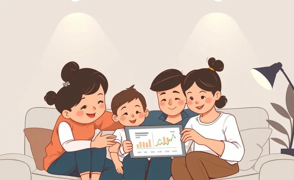 Minimalist cartoon of a family reading financial news on a tablet