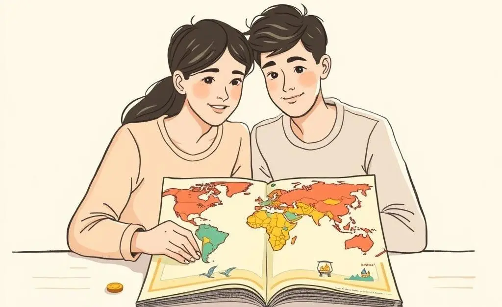 A young couple planning a holiday with coins and a world map