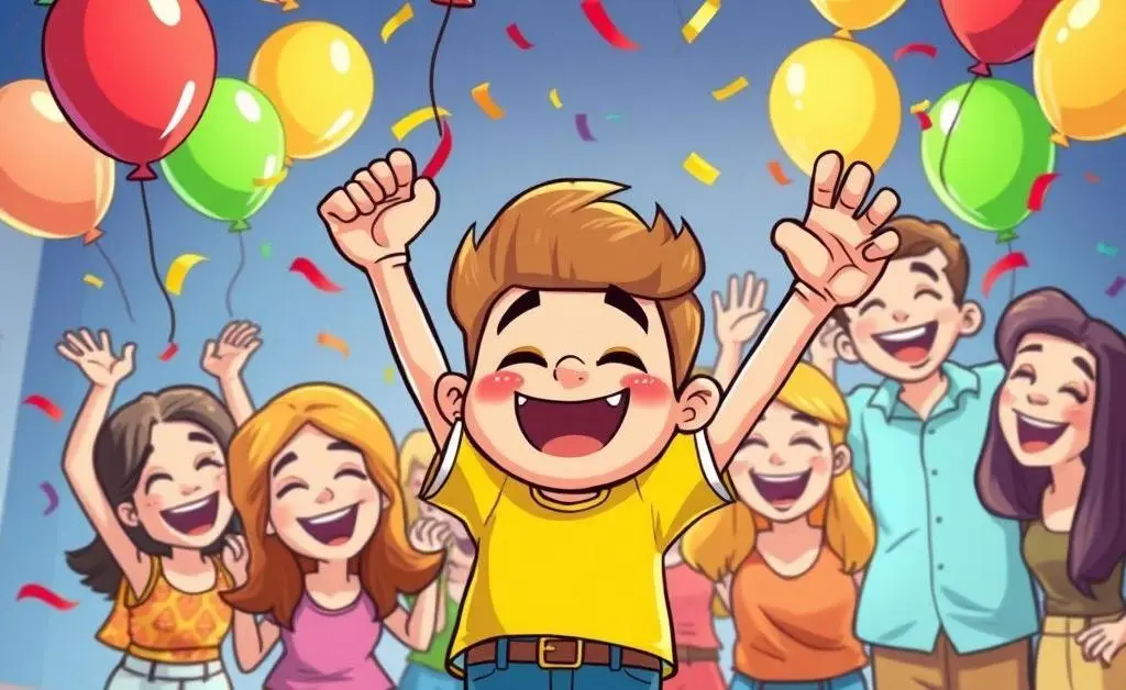 A cartoon character celebrating becoming debt-free with friends.