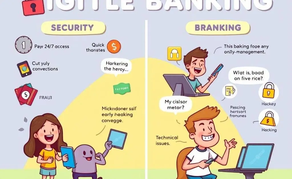 Cartoon infographic illustrating online banking pros and cons