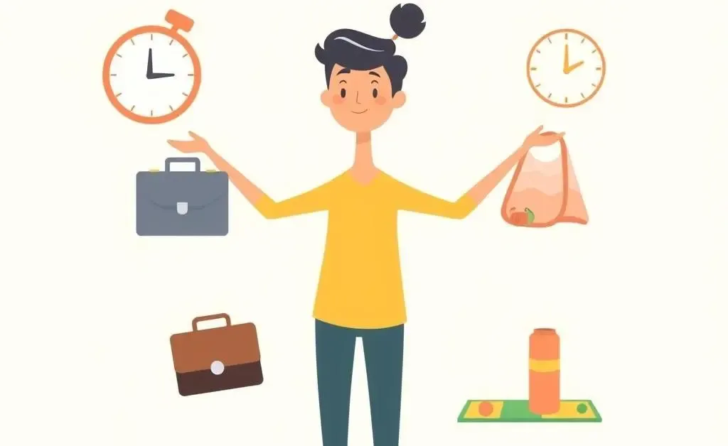 Minimalist cartoon image of a person balancing work and personal life, surrounded by icons like a clock, briefcase, and yoga mat