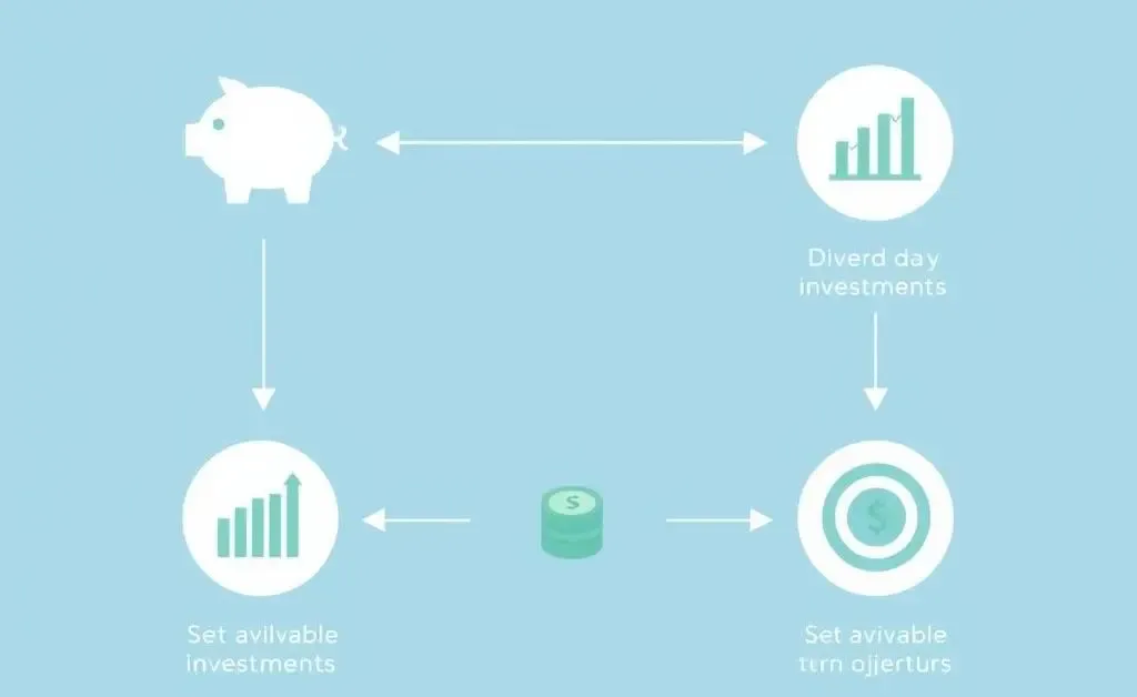 A simple diagram of a step-by-step financial plan involving savings, investments, and future goals
