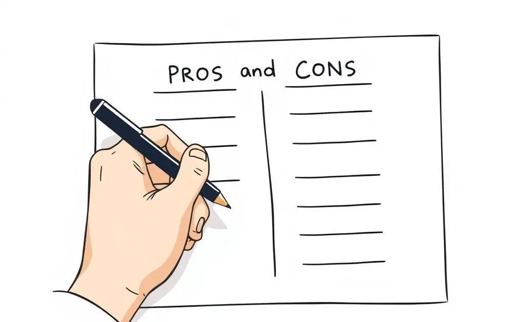 Pros and cons list with hand holding a pen