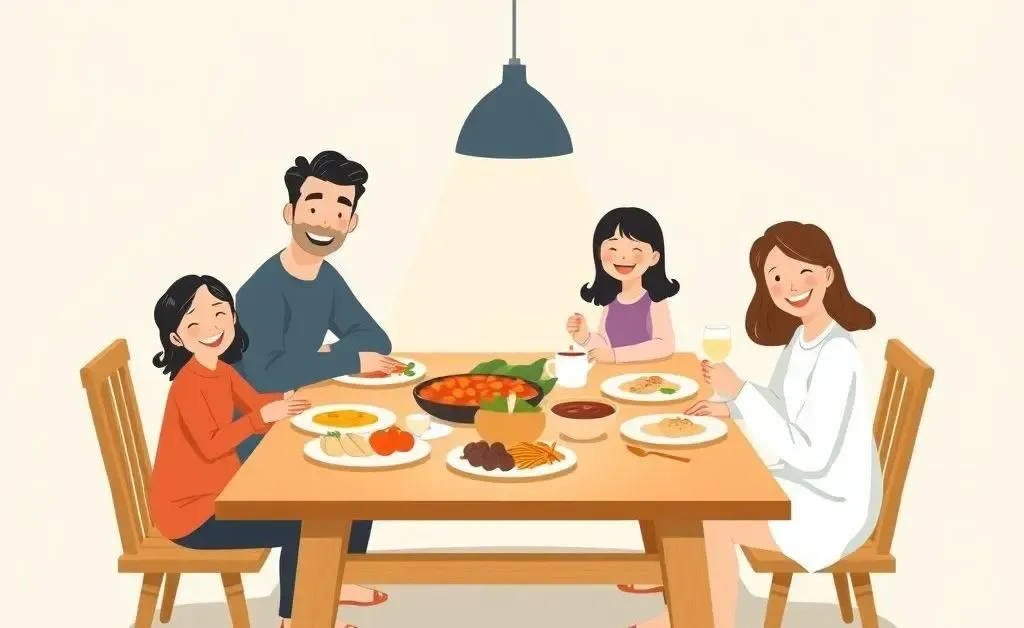 Dinner table with home-cooked dishes and smiling family members