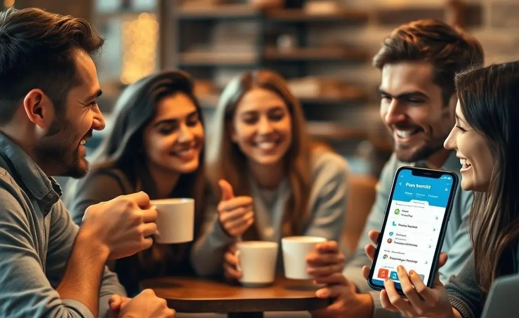 A group of friends discussing over coffee with one showing a password manager app on their phone.