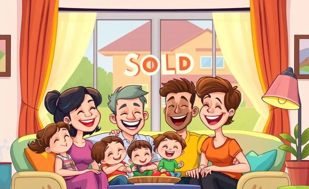 Family in living room with sold sign outside