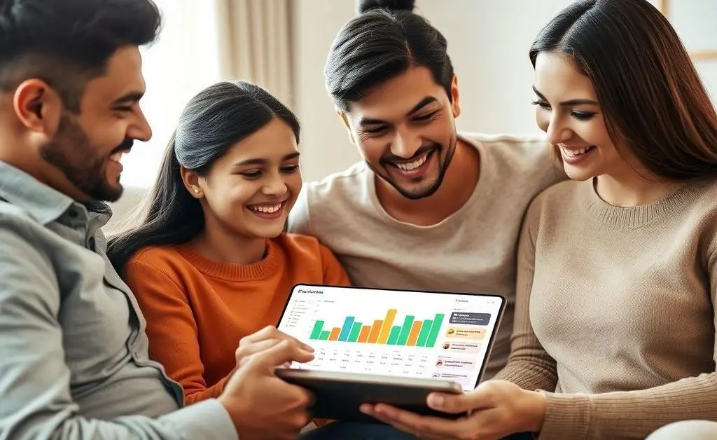 A friendly family at home, looking at their investment portfolio together.