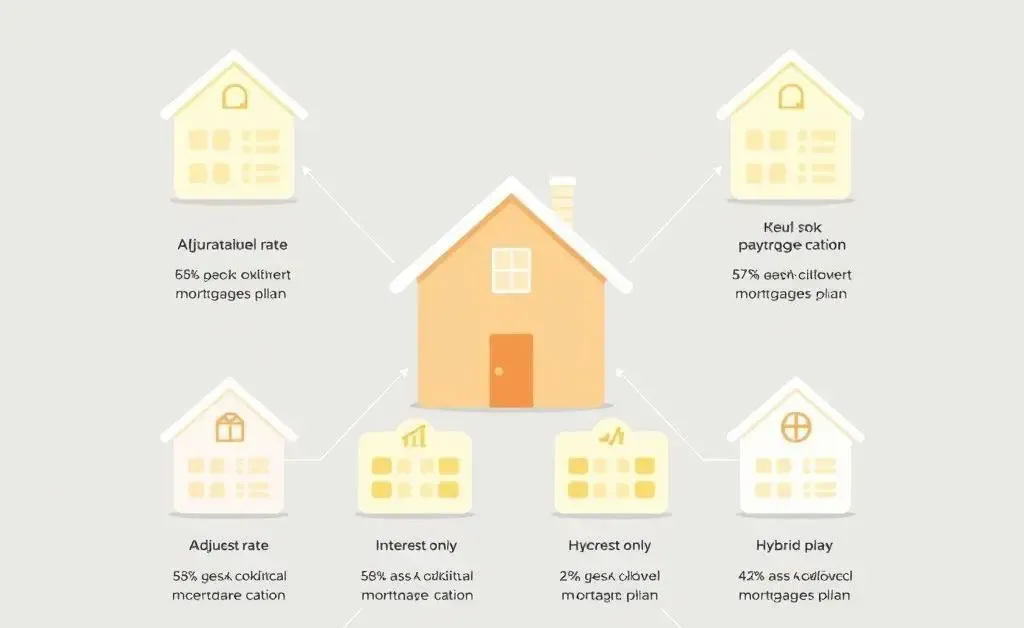 A minimalist cartoon-style diagram showing different types of mortgage plans and their features.