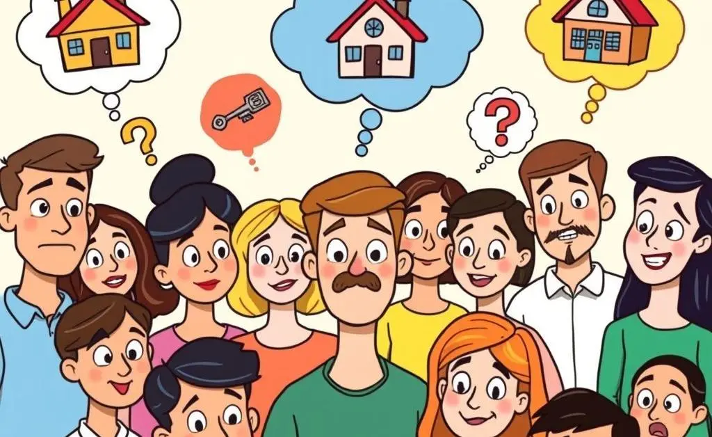 Cartoon-style group of people, some looking confused, with various thought bubbles showing mortgage-related symbols.