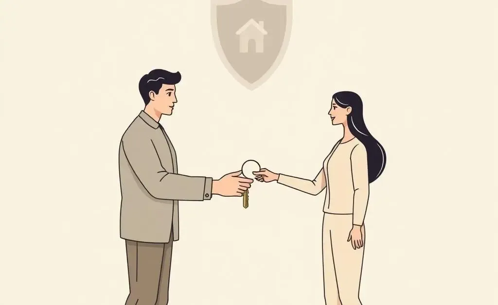 People exchanging a house key with a shield icon in the background