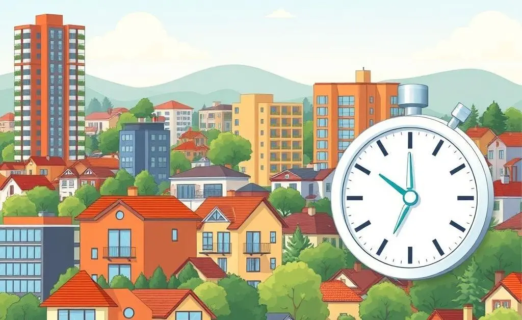 Illustration of different housing types with a timer symbolizing waiting time.
