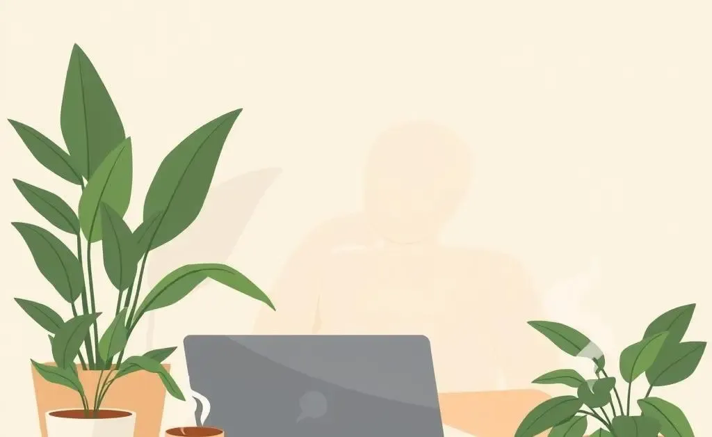 A person researching financial tips on a laptop with plants and a coffee cup nearby