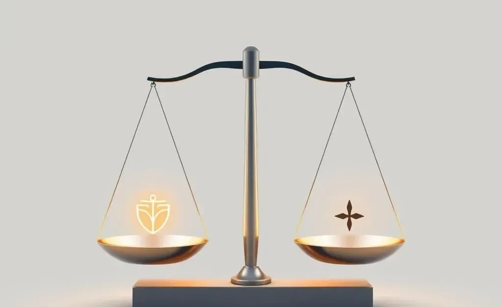 Minimalist graphic depicting scales balancing fairness and retaliation.