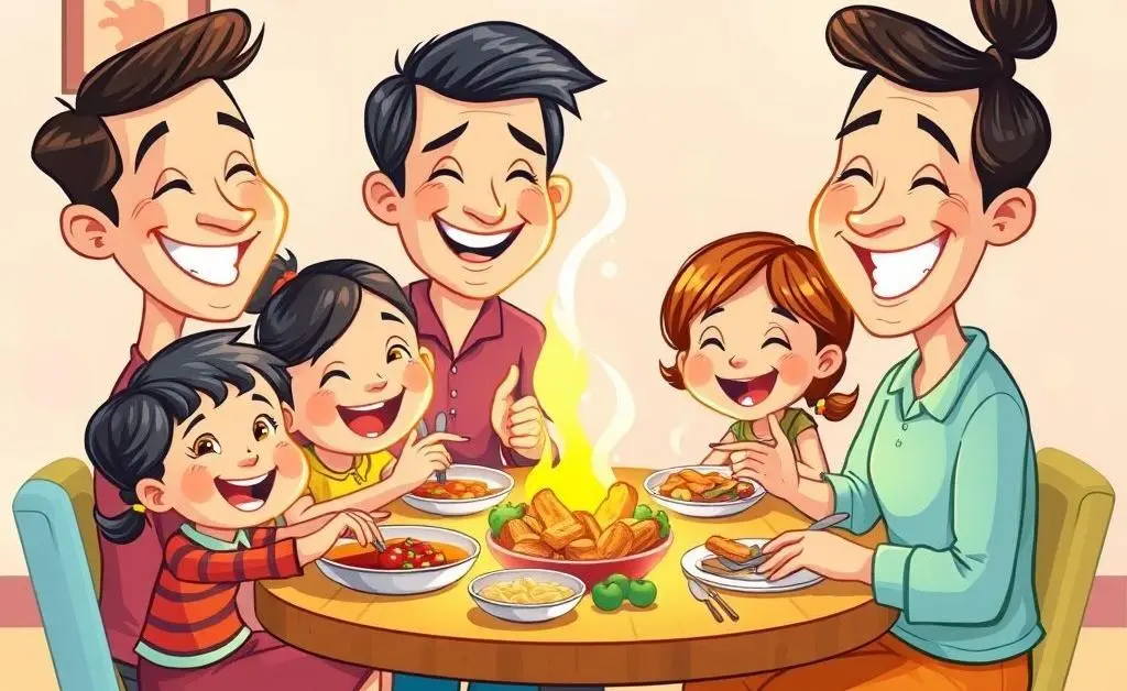 Happy family enjoying a meal at a dining table