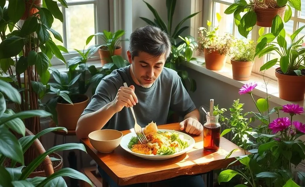 An individual enjoying a homemade meal at a small table, surrounded by plants.