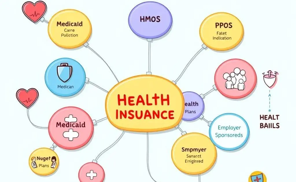 A cartoon-style flowchart showing different types of health insurance plans