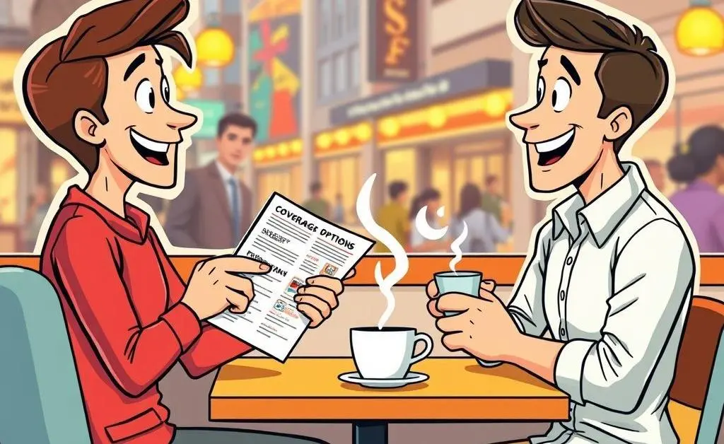 A cartoon-style image of two people discussing health insurance options over a coffee