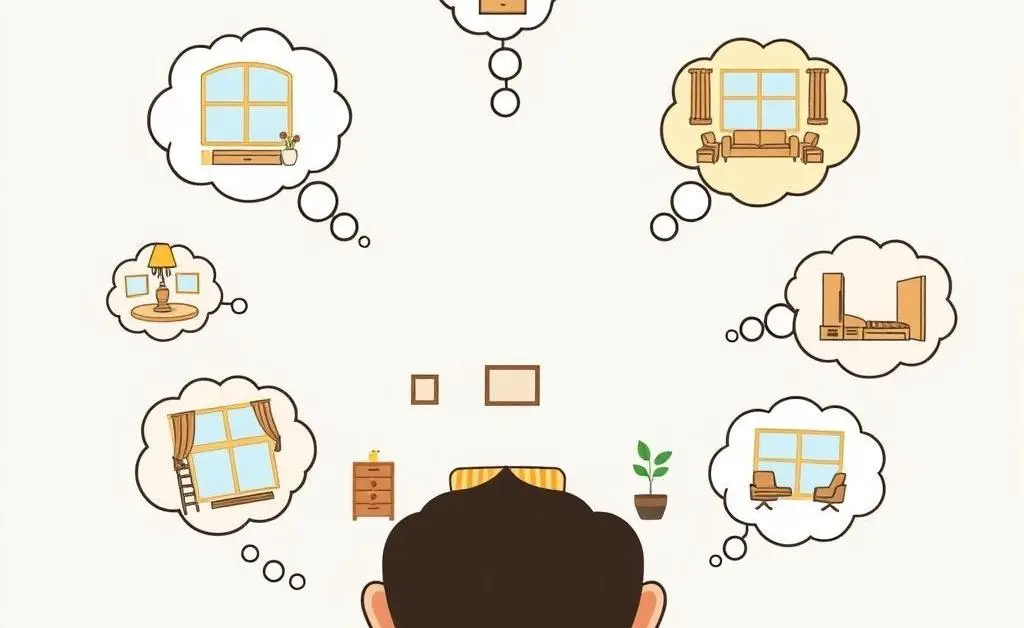 A cartoon image of thought bubbles above a person's head, showing different decor ideas for an empty room.
